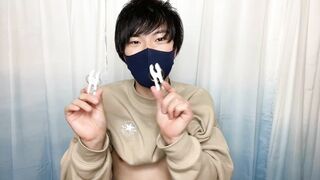 I tried dry ejaculation with a clothespin on my nipple. [Japanese boy]