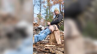 Lumberjack cum-shot outdoors