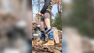 Lumberjack cum-shot outdoors