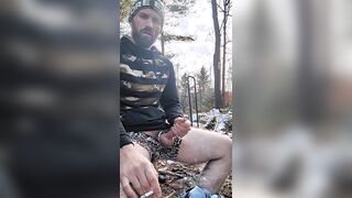 Lumberjack cum-shot outdoors